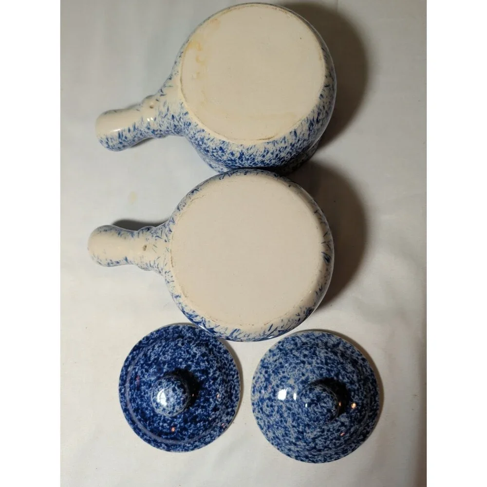 2 Vintage Stoneware Blue and White Splatterware or Spongeware lidded crock